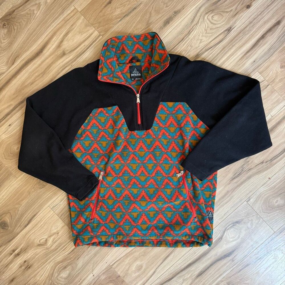 Prana Men’s Multicolor Aztec Oversized Fleece Pullover 1/4 Zip Sweater Jacket Si